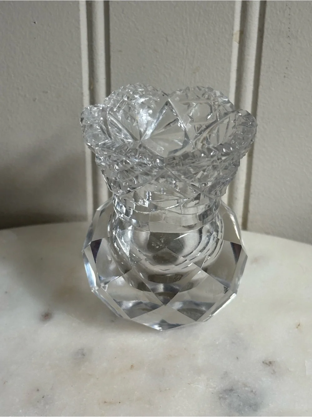 Vintage Diamond Cut Glass Bud Vase/Toothpick Holder VTG Retro Collectible Granny